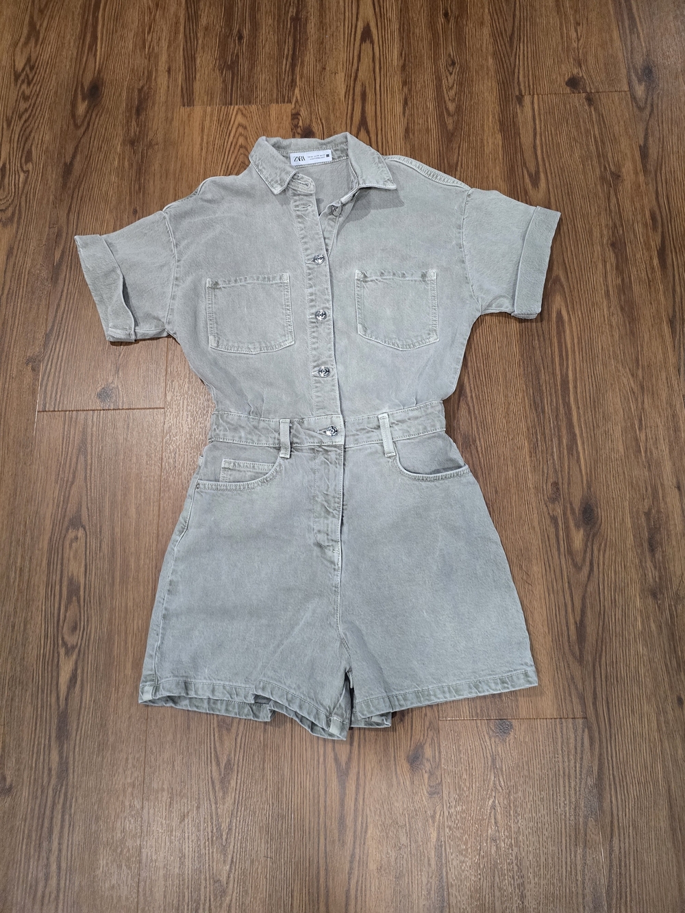 Zara Light Sage Green Denim Short Overalls
